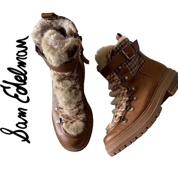 Sam Edelman Shoes - SAM EDELMAN Gretchen Lace Up Plaid Faux Fur Boots Brown Size 6.5